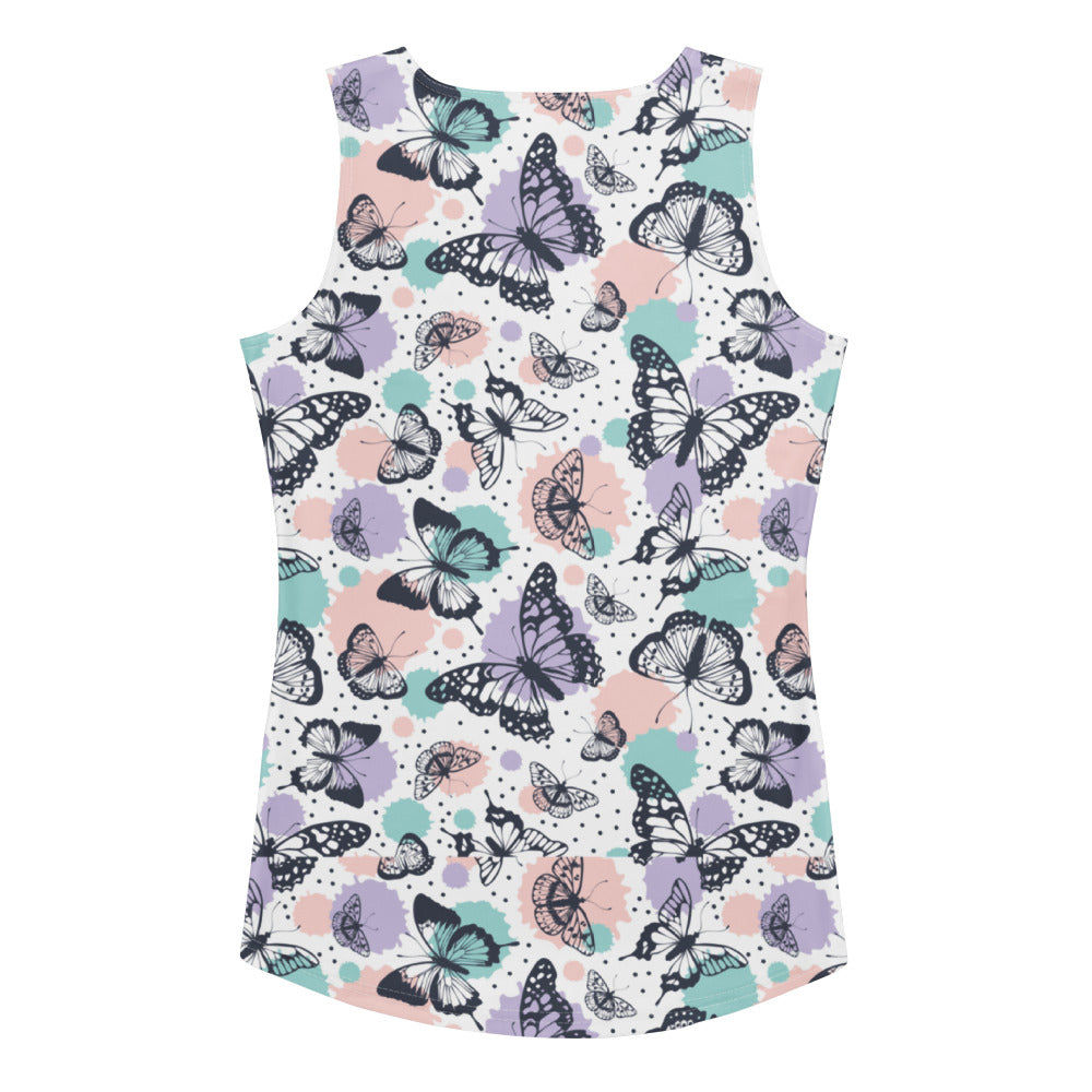 Women’s pastel butterfly tank top with vibrant black teal lavender butterfly pattern on white quick drying fabric
