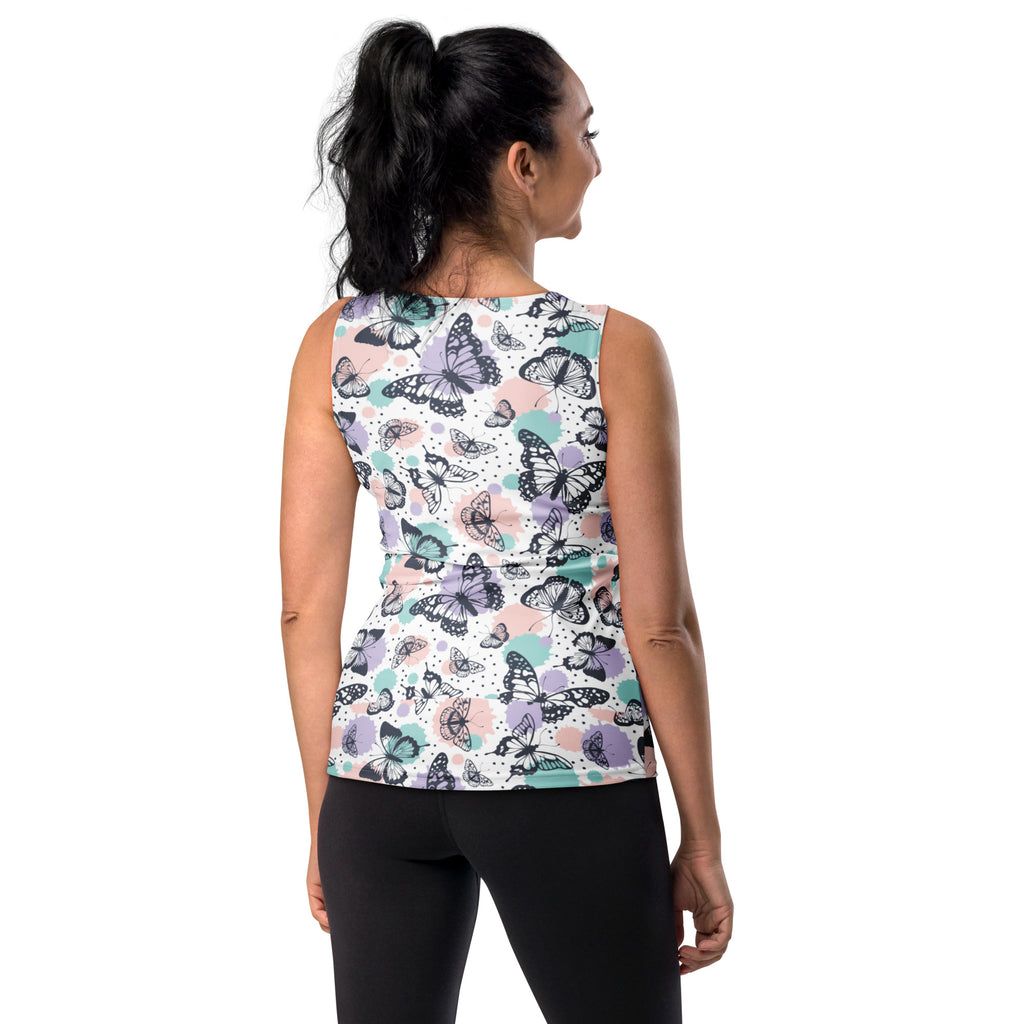Women’s pastel butterfly tank top with vibrant sleeveless peplum design in quick drying soft fabric with UPF 50+ protection