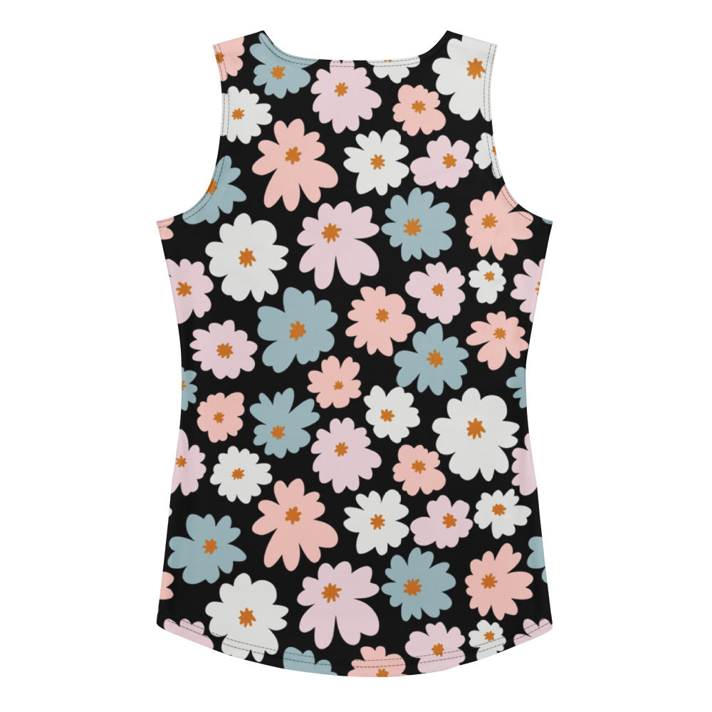 Black sleeveless women’s retro floral tank top with pastel daisies made from quick drying buttery soft fabric with UPF 50+