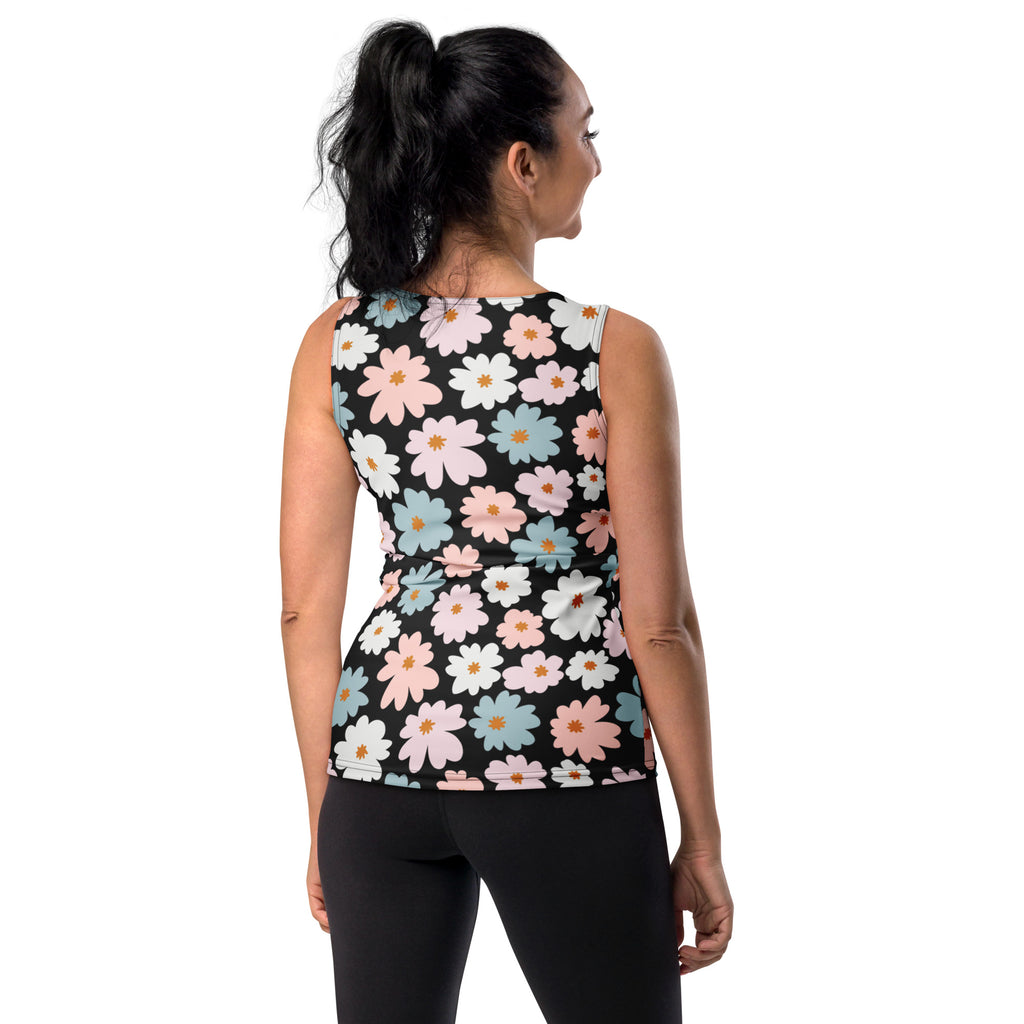 A black sleeveless retro floral tank top with pink white and light blue daisies made of quick drying soft fabric with UPF 50+