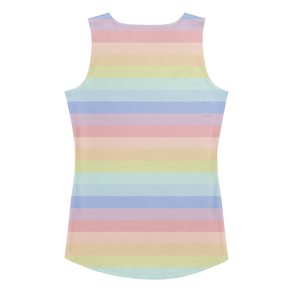 Women’s pastel rainbow striped sleeveless tank top with quick drying buttery soft fabric and upf 50 plus protection