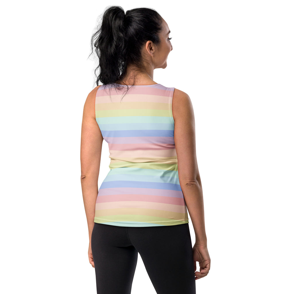 Women’s pastel rainbow striped tank top in buttery soft quick drying fabric with upf 50 plus protection