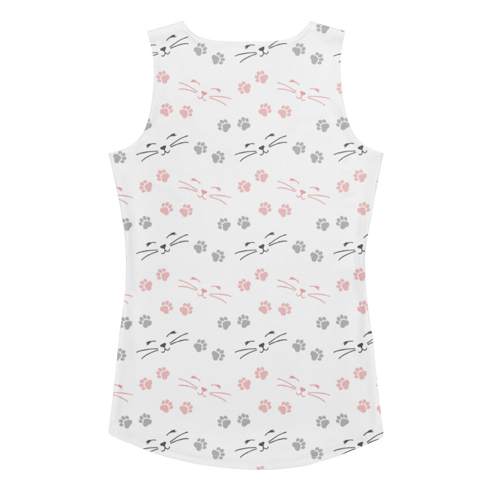 White sleeveless tank top with pink and gray cat faces and paw prints made of quick drying buttery soft fabric with upf 50+
