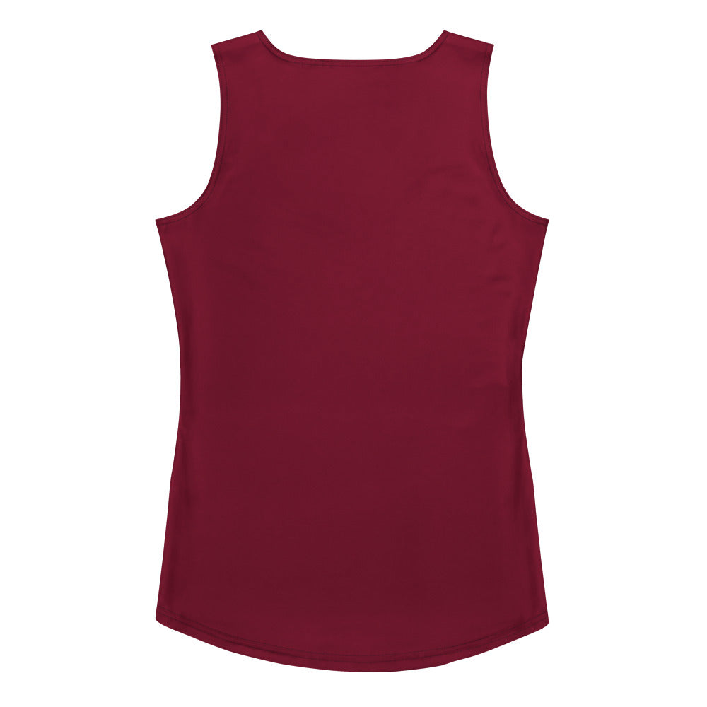 A solid maroon women’s tank top with rounded neckline made of quick drying buttery soft fabric with UPF 50+ protection