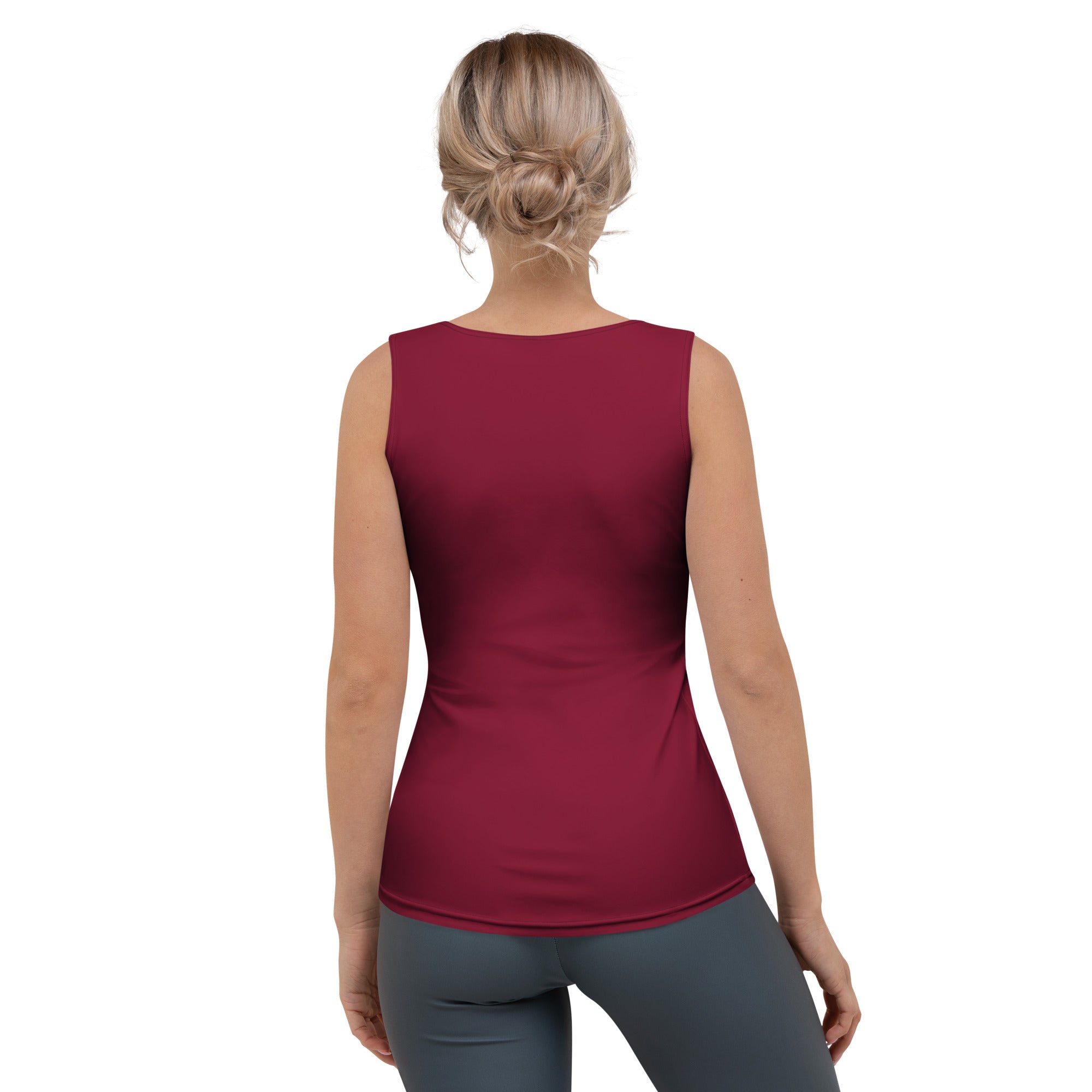 A fitted sleeveless women’s burgundy tank top with rounded neckline made of quick drying buttery soft fabric with UPF 50+
