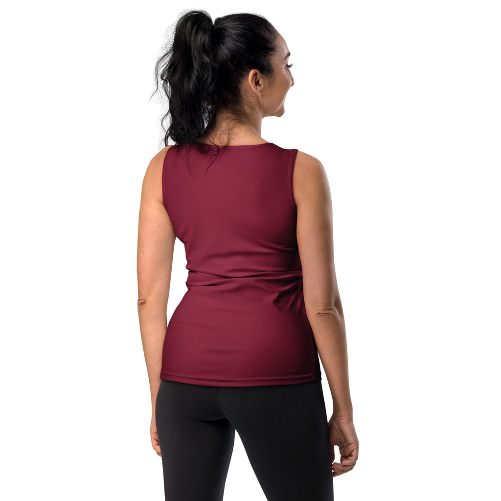 Women’s burgundy sleeveless tank top with quick drying buttery soft fabric and ruched back detail with upf 50 plus