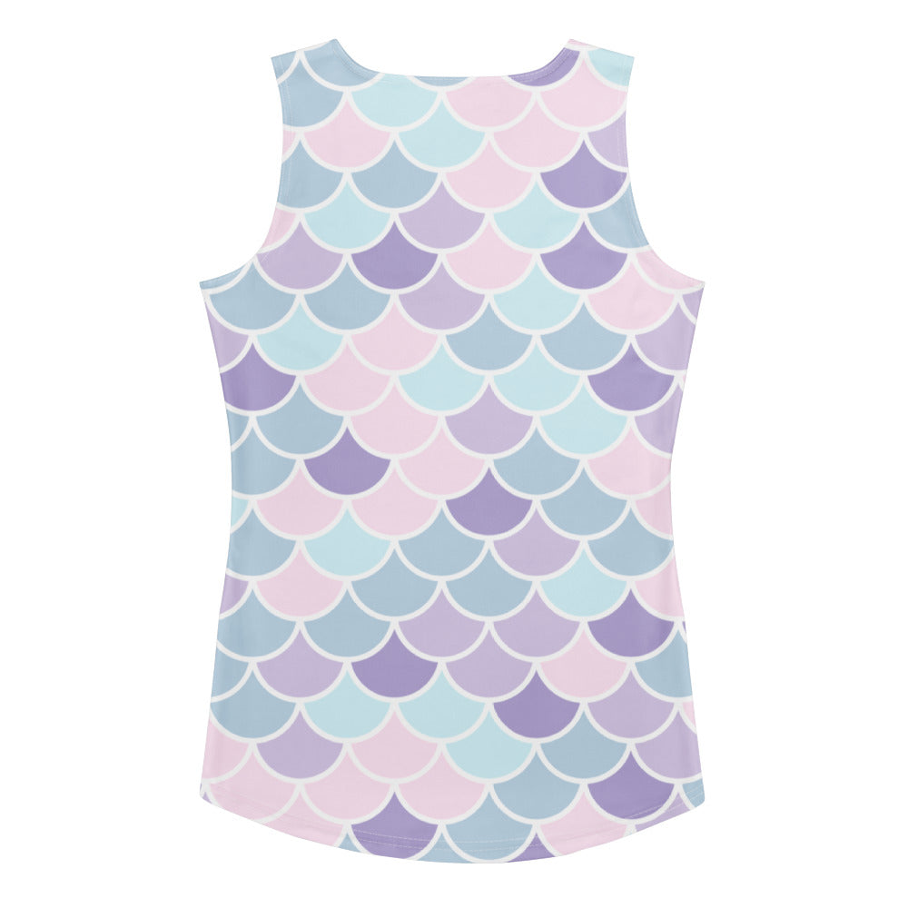 Women’s mermaid scales tank top in pastel pink lavender and blue with quick drying buttery soft fabric and UPF 50+ protection