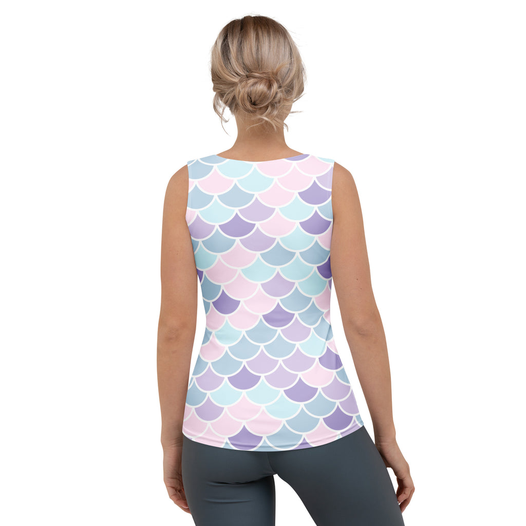 Women’s mermaid scales tank top with vibrant pastel pink lavender blue pattern quick drying buttery soft fabric upf 50+