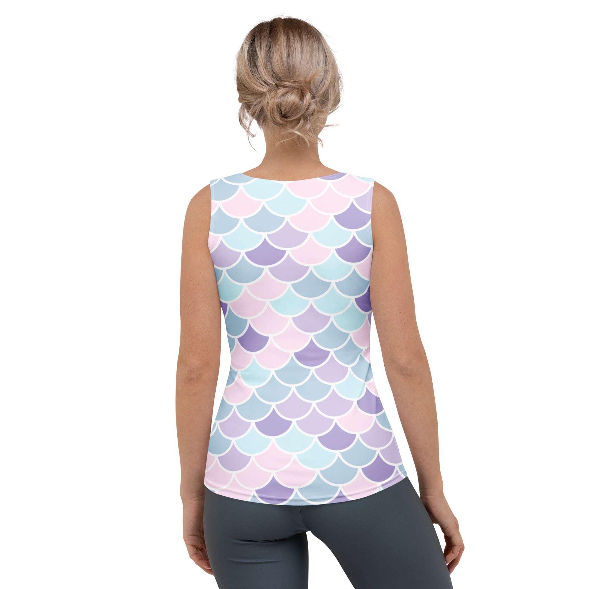 Women’s mermaid scales tank top with vibrant pastel pink lavender blue pattern quick drying buttery soft fabric upf 50+