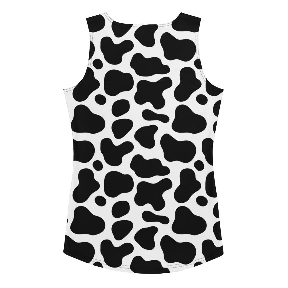 Women’s cow print sleeveless top in black and white with quick drying buttery soft fabric and upf 50 plus protection