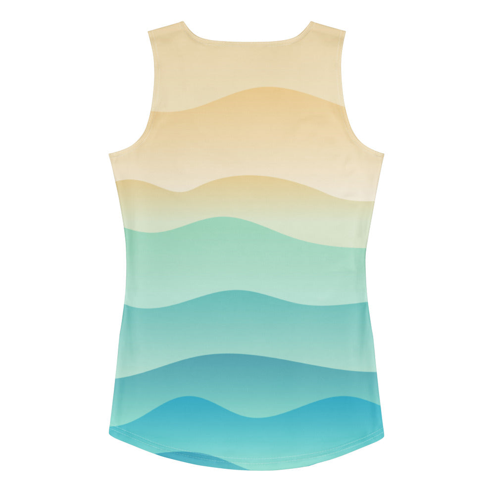 Women’s coastal wave tank top with quick drying buttery soft fabric and upf 50 plus features gradient wavy stripes