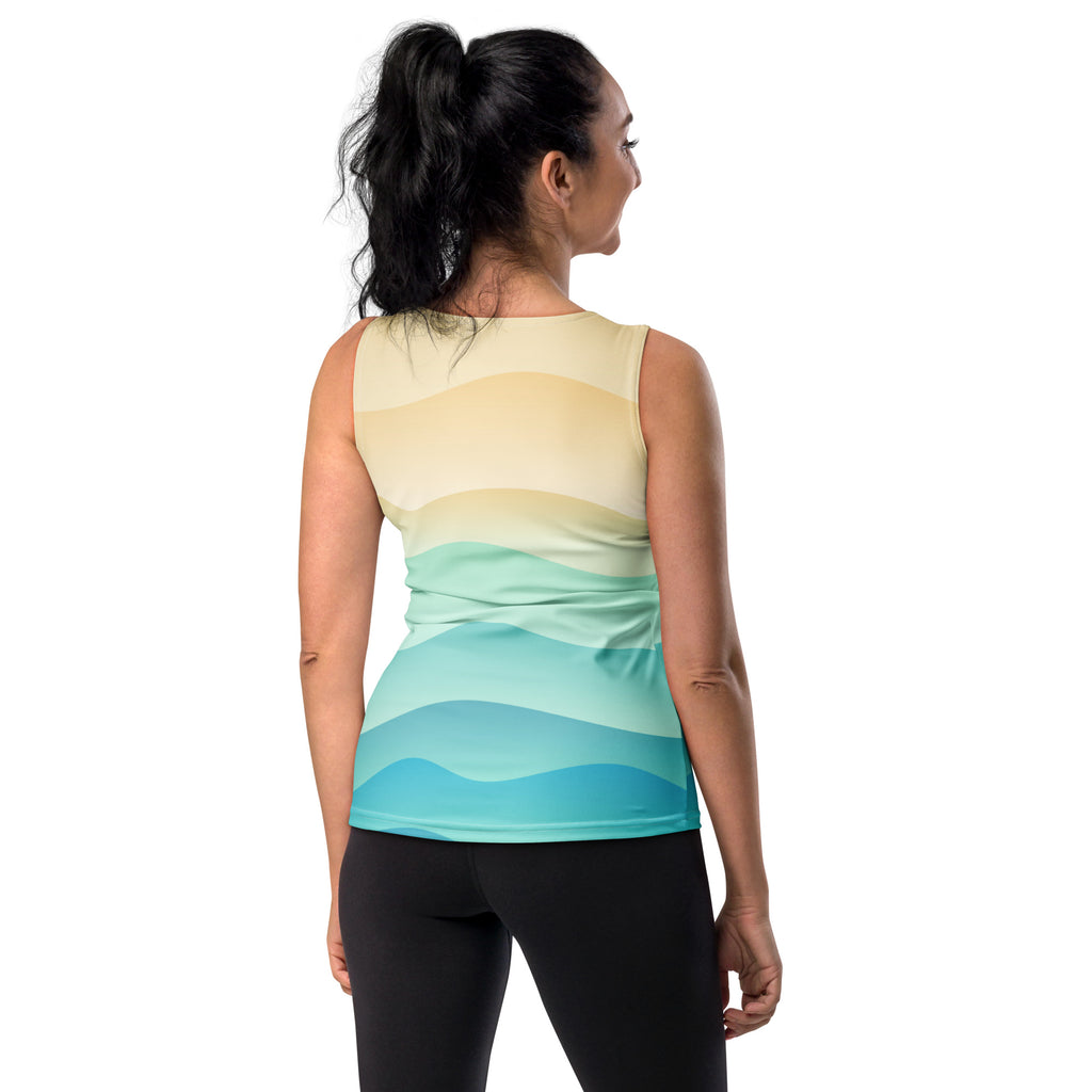 Women’s coastal wave tank top with gradient yellow to turquoise wavy bands quick drying buttery soft fabric upf 50+