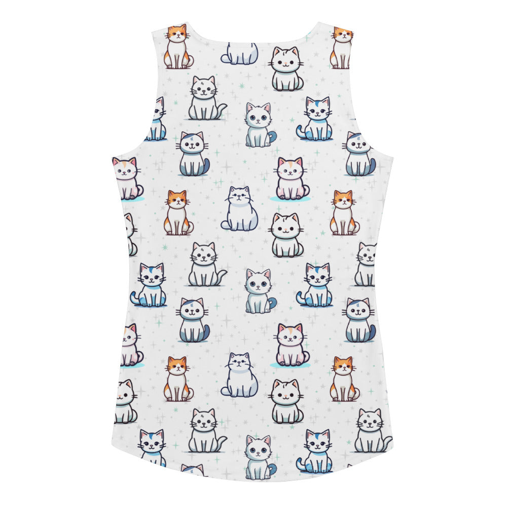 White sleeveless women’s cat tank top with cartoon cat prints in orange gray and blue quick drying soft fabric upf 50+