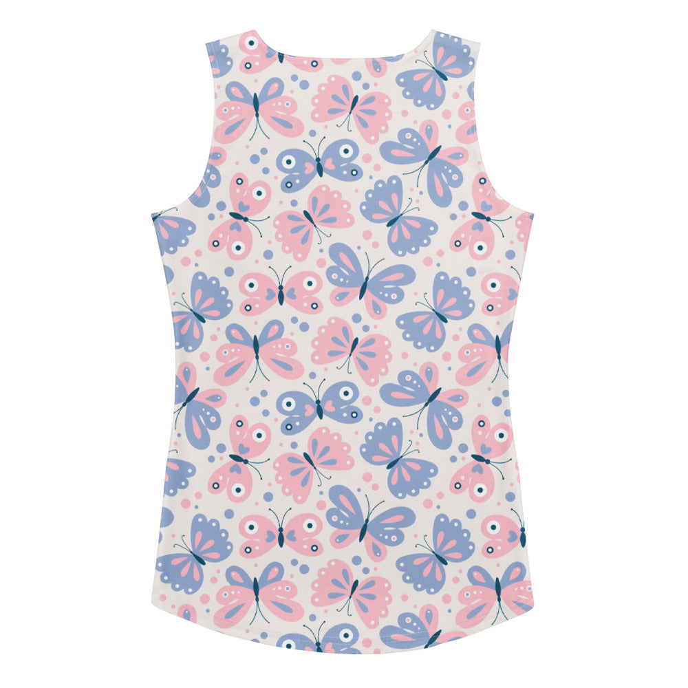 Women’s pastel butterfly tank top with quick drying buttery soft fabric and upf 50 plus in pink and blue on cream
