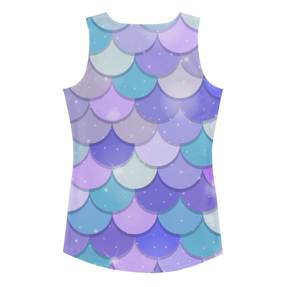 Women’s purple mermaid scale tank top with vibrant glitter accents, quick-drying buttery soft fabric and upf 50+ protection