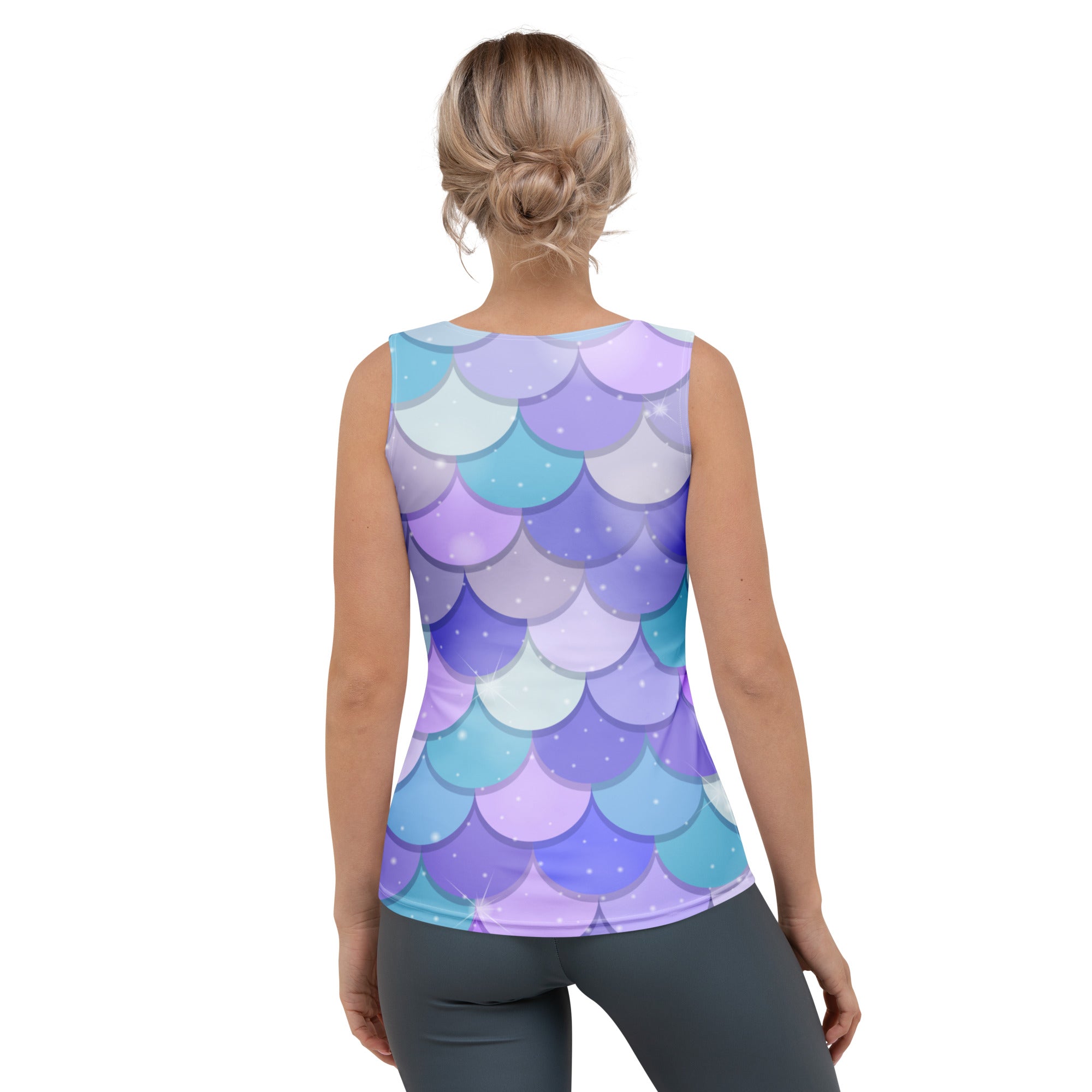 Women’s purple mermaid scale tank top with vibrant gradient, quick drying buttery soft fabric and UPF 50+ protection