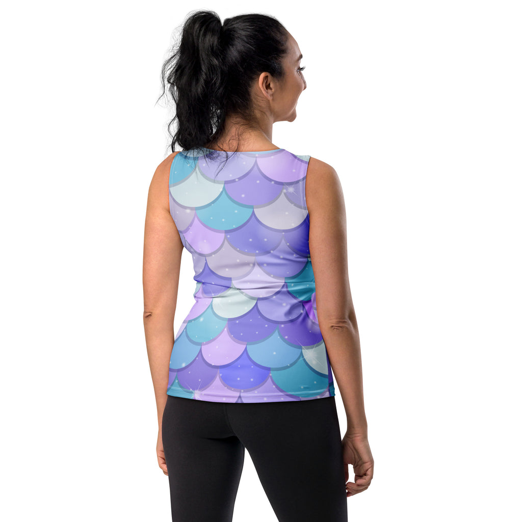 Women’s purple mermaid scale tank top with vibrant gradient pattern quick drying buttery soft fabric upf 50+