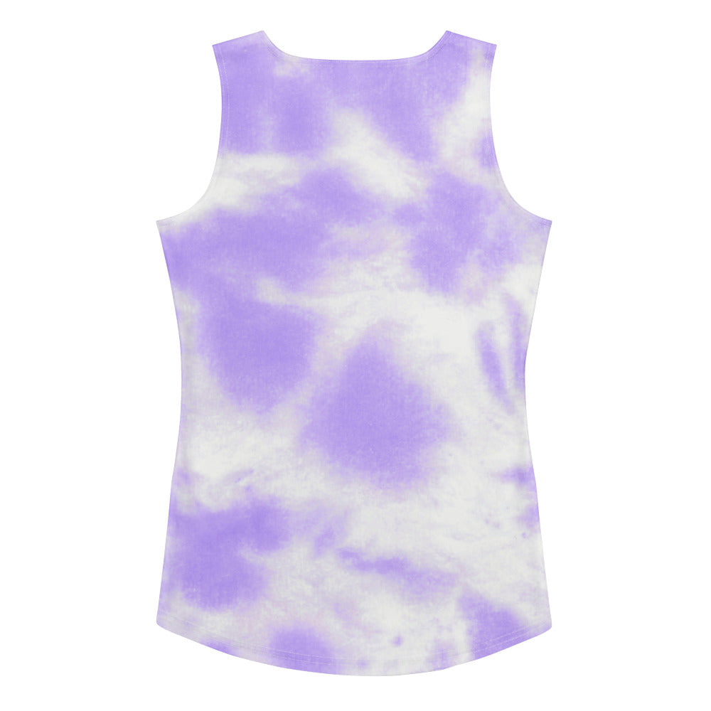 Women’s purple tie dye tank top with buttery soft quick drying fabric and upf 50 plus protection