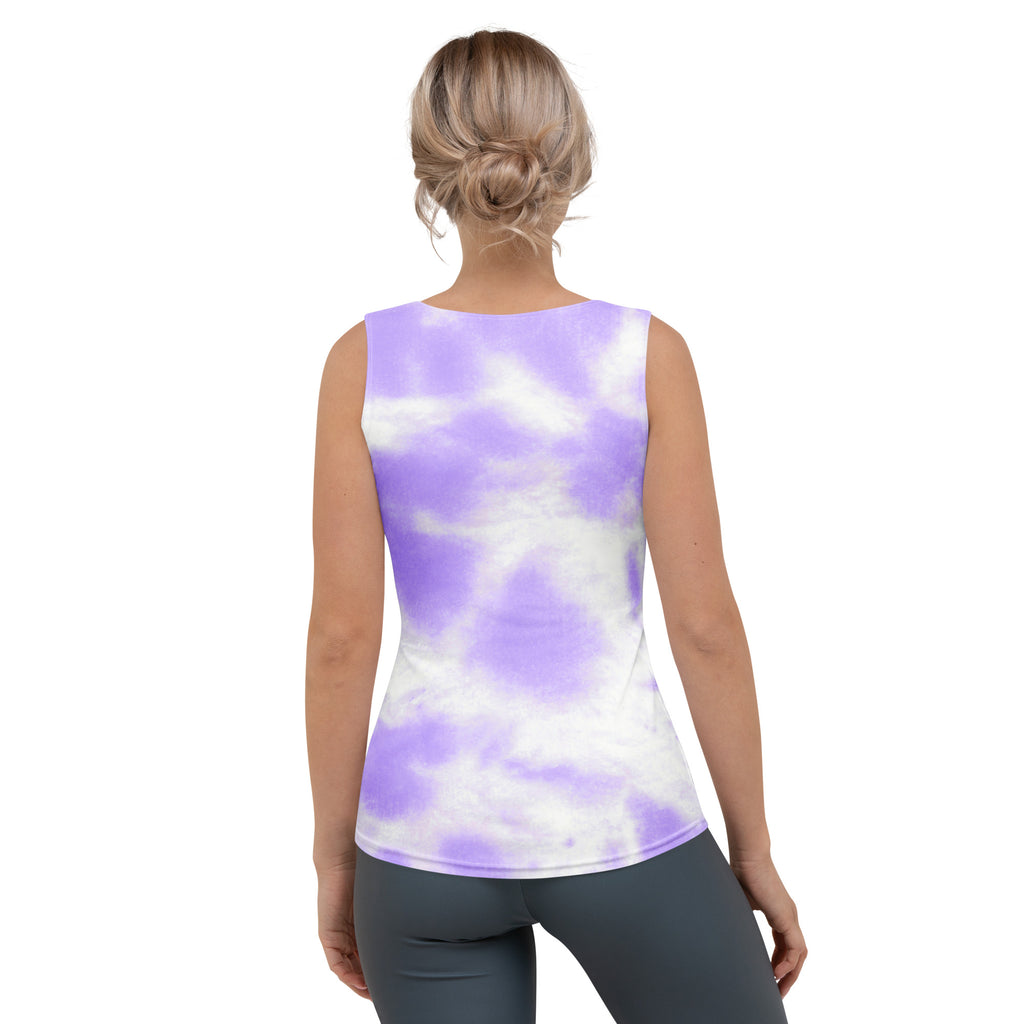 Women’s purple tie dye tank top with soft lavender and white pattern quick drying buttery soft fabric upf 50+