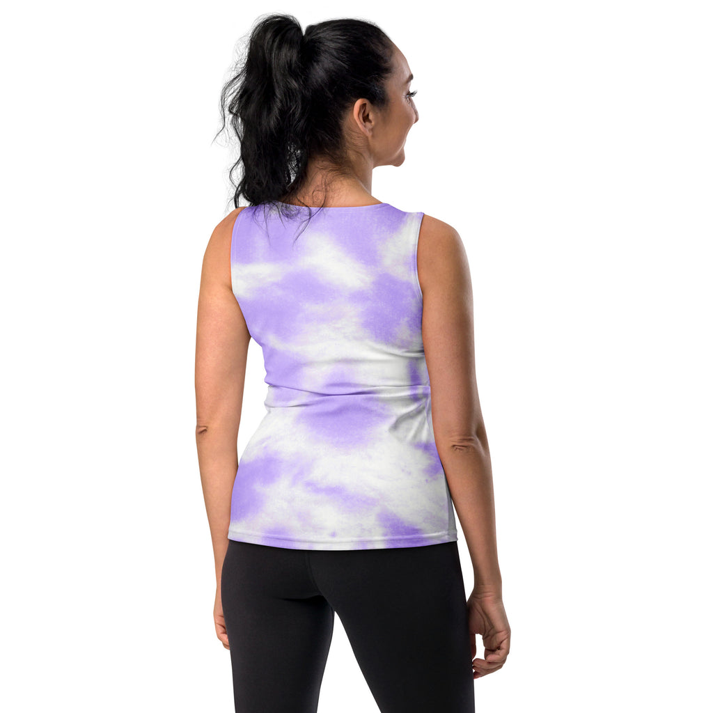 Women’s purple tie dye tank top in buttery soft stretchy fabric with quick drying and UPF 50 plus protection