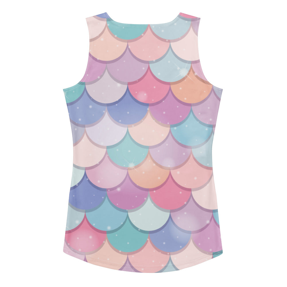 Women’s pastel-colored rainbow mermaid tank top with quick drying buttery soft fabric and upf 50 plus protection
