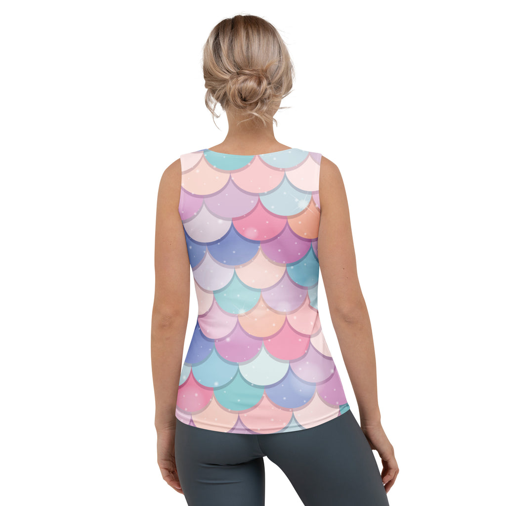 Women’s rainbow mermaid tank top with vibrant pastel pink blue purple scale pattern quick drying buttery soft fabric upf 50+