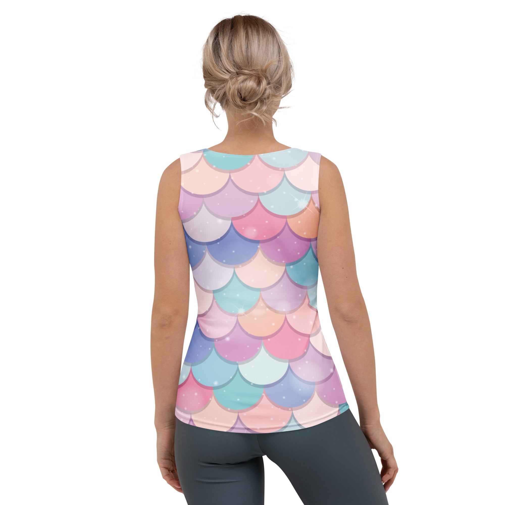 Women’s rainbow mermaid tank top with vibrant pastel pink blue purple scale pattern quick drying buttery soft fabric upf 50+