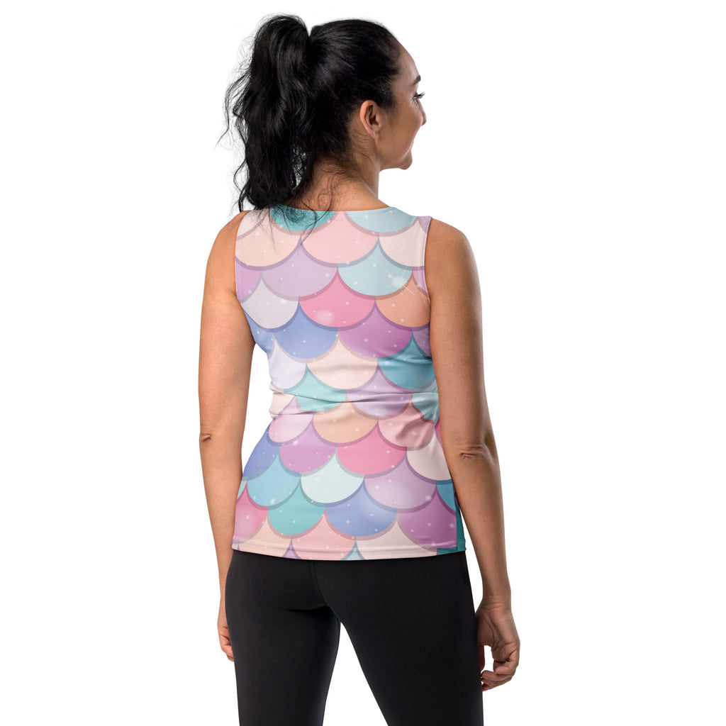 Women’s rainbow mermaid tank top with vibrant pastel pink blue lavender scales quick drying soft fabric upf 50 plus