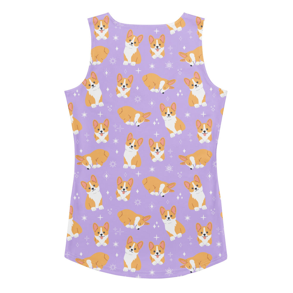 Women’s purple corgi dog tank top with playful orange white corgi pattern made of quick drying buttery soft fabric