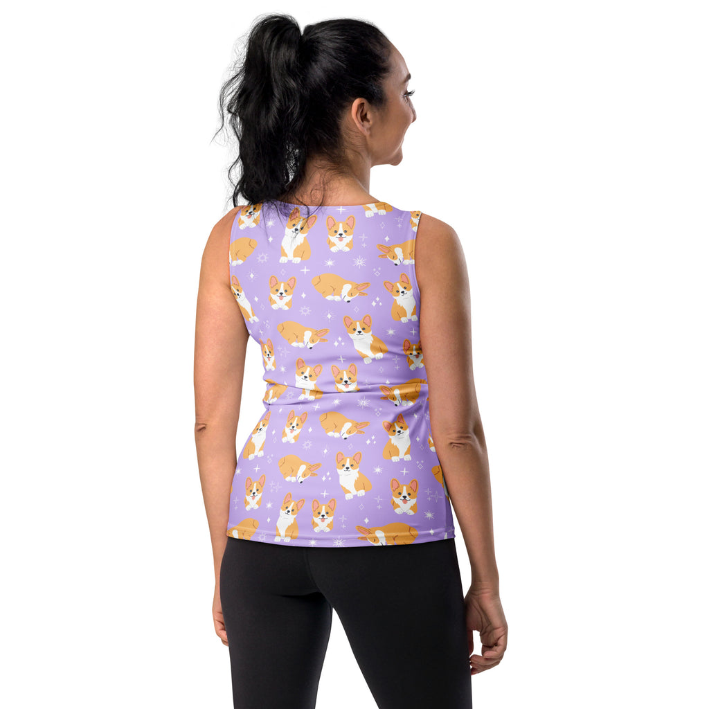 Women’s purple corgi dog tank top with orange white corgi pattern quick drying buttery soft fabric upf 50+