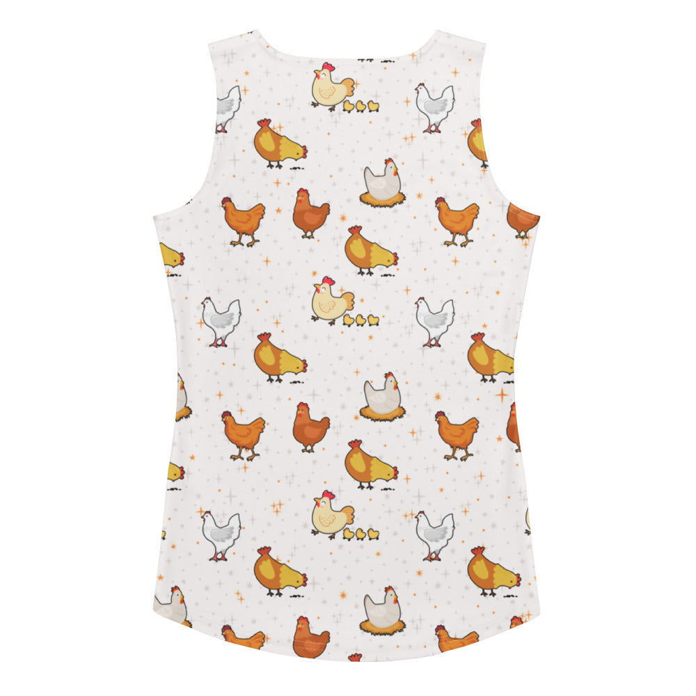 Women’s white sleeveless chicken tank top with playful cartoon pattern quick drying buttery soft fabric upf 50+
