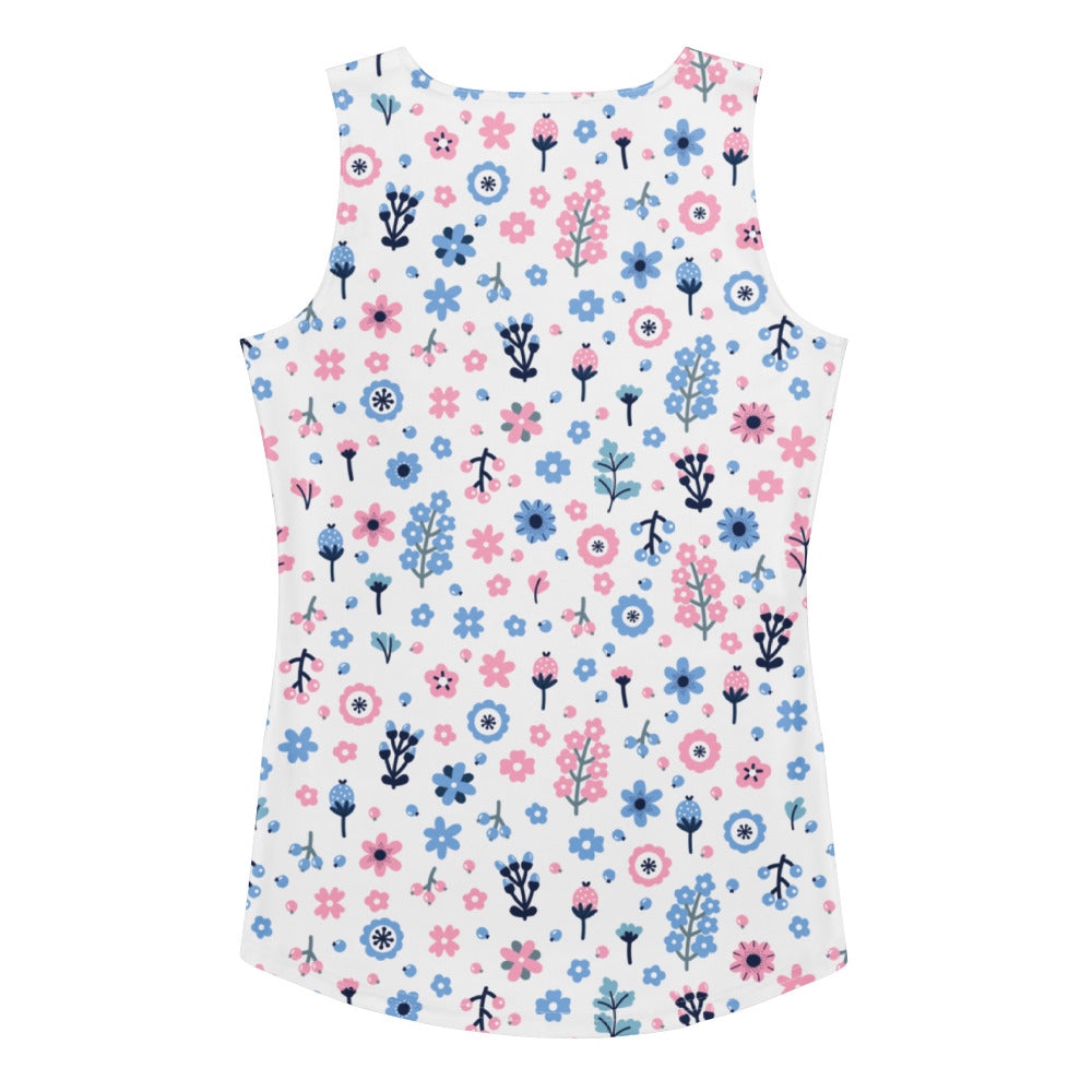Women’s pink and blue floral tank top with white sleeveless design quick drying buttery soft fabric and UPF 50+ protection