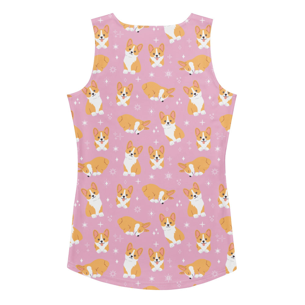 Women’s pink corgi dog tank top with quick drying buttery soft fabric and playful cartoon corgi pattern in tan and white