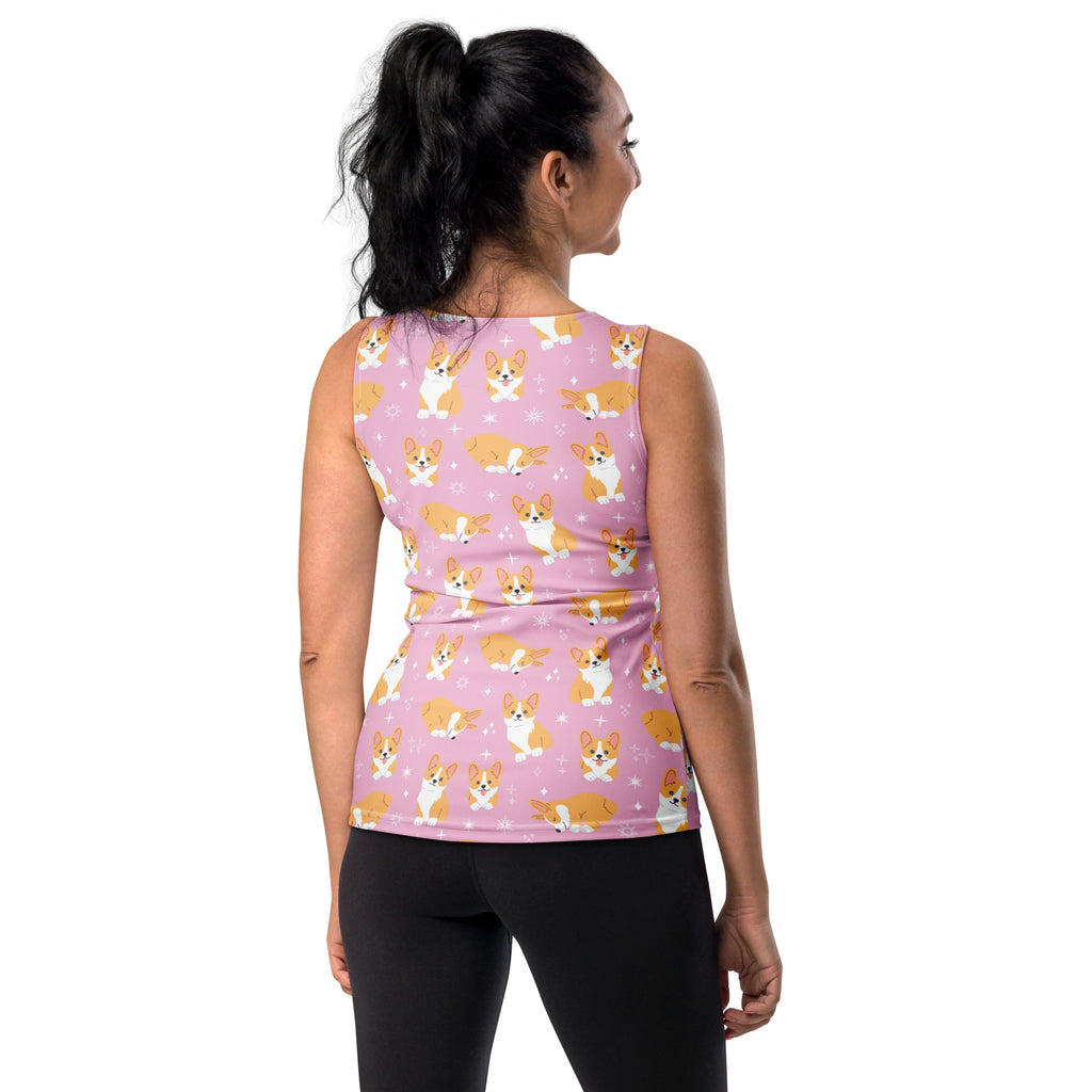 Women’s pink corgi dog tank top with quick drying buttery soft fabric and playful cartoon corgi pattern