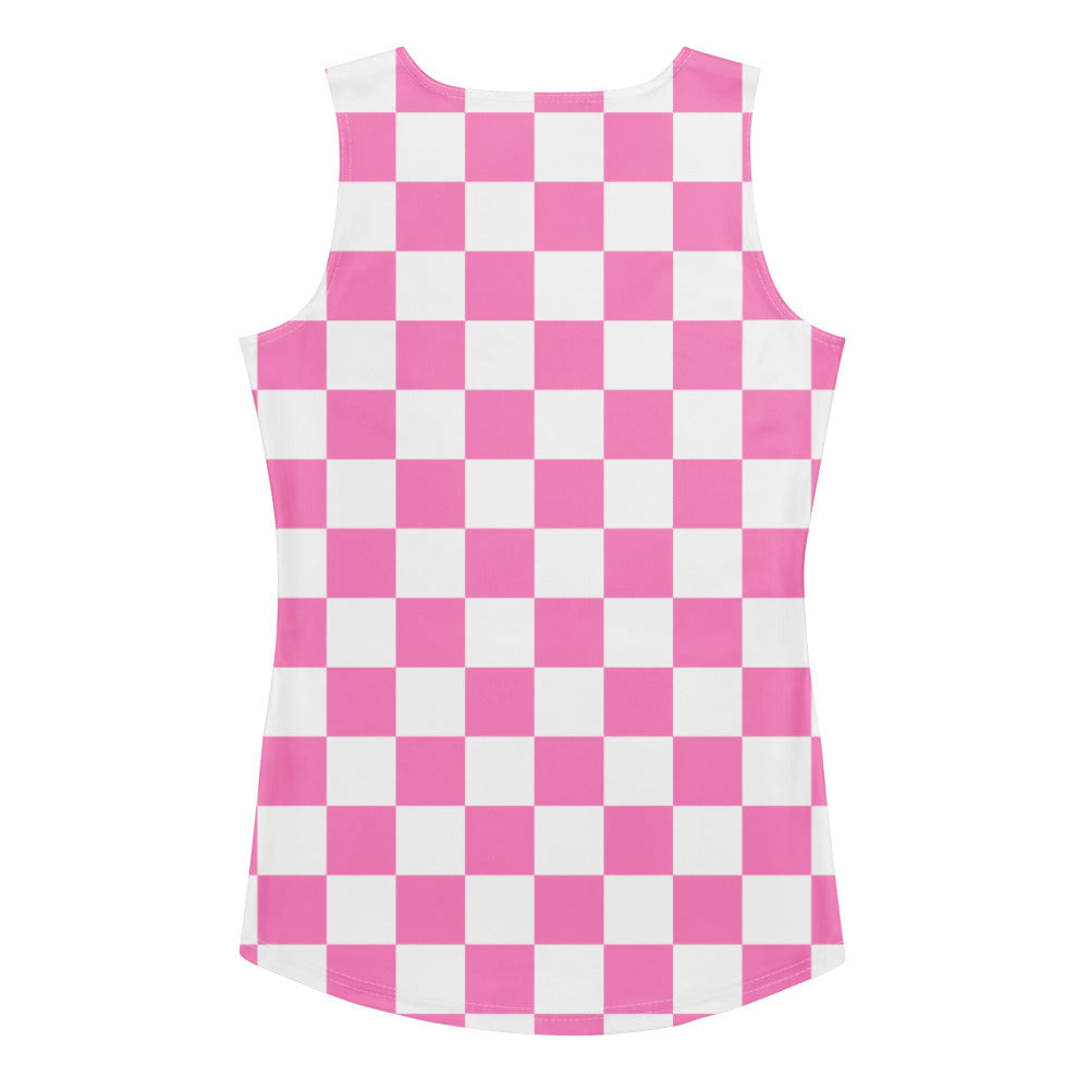 Women’s pink and white checkered sleeveless tank top made of quick drying buttery soft fabric with upf 50+ protection