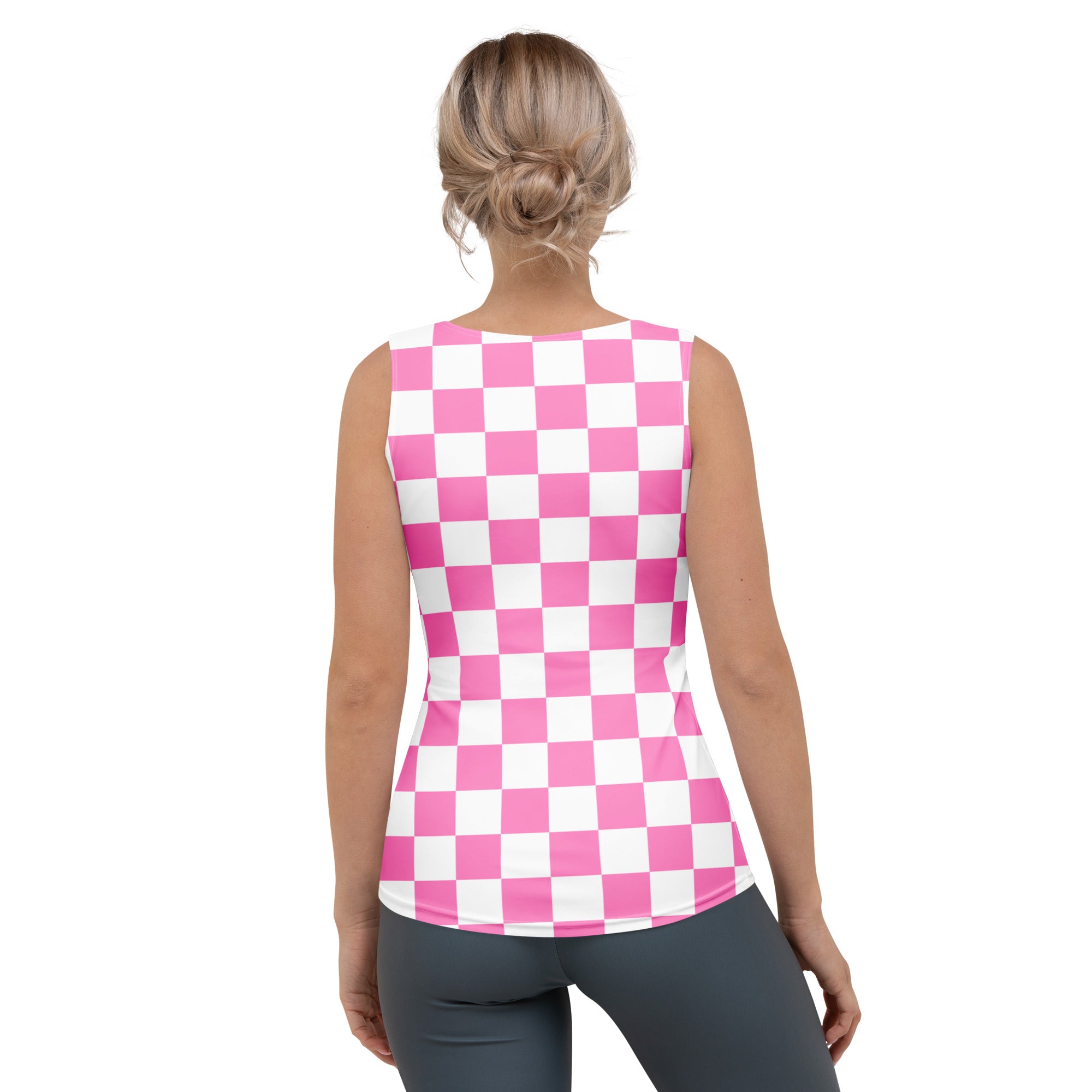 A pink and white checkered sleeveless tank top with a fitted design made of quick drying buttery soft fabric with UPF 50+