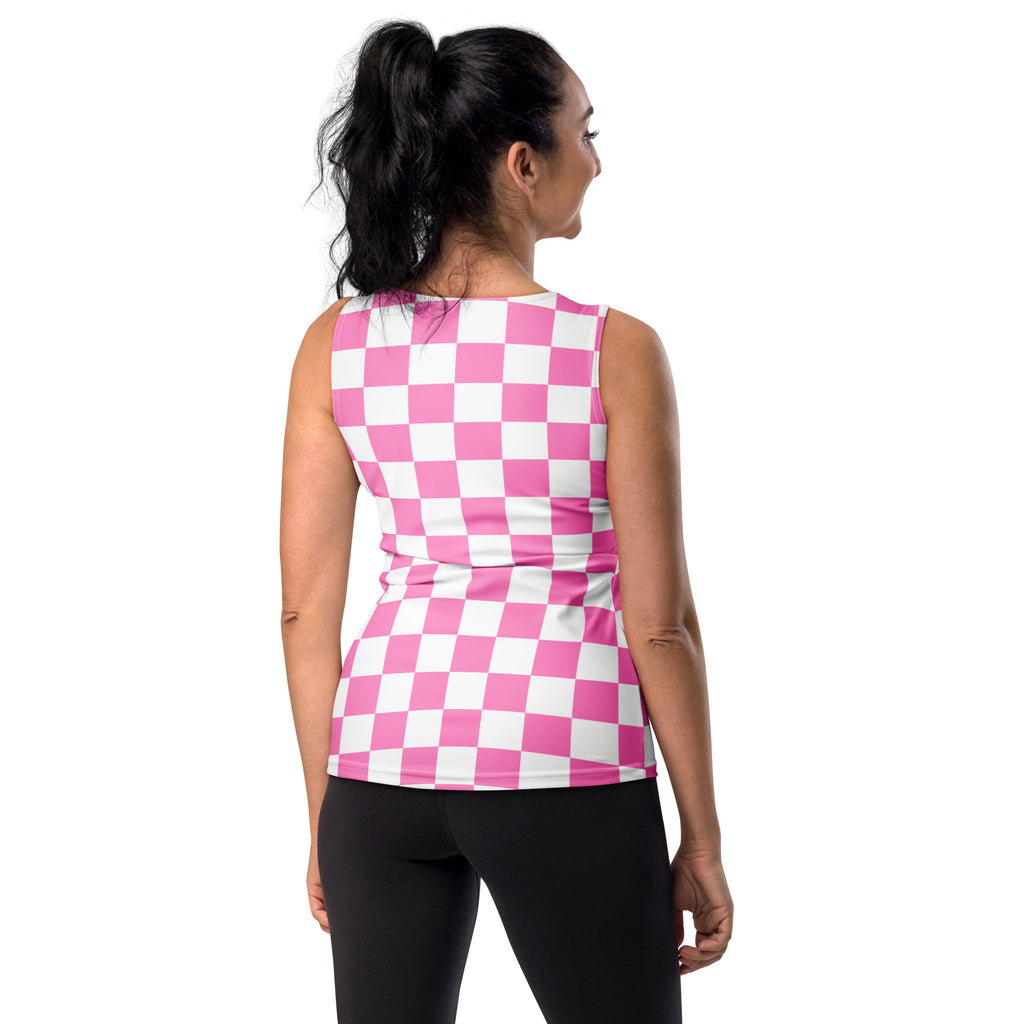 Women’s pink and white checkered tank top with quick drying, buttery soft fabric and UPF 50 plus sun protection