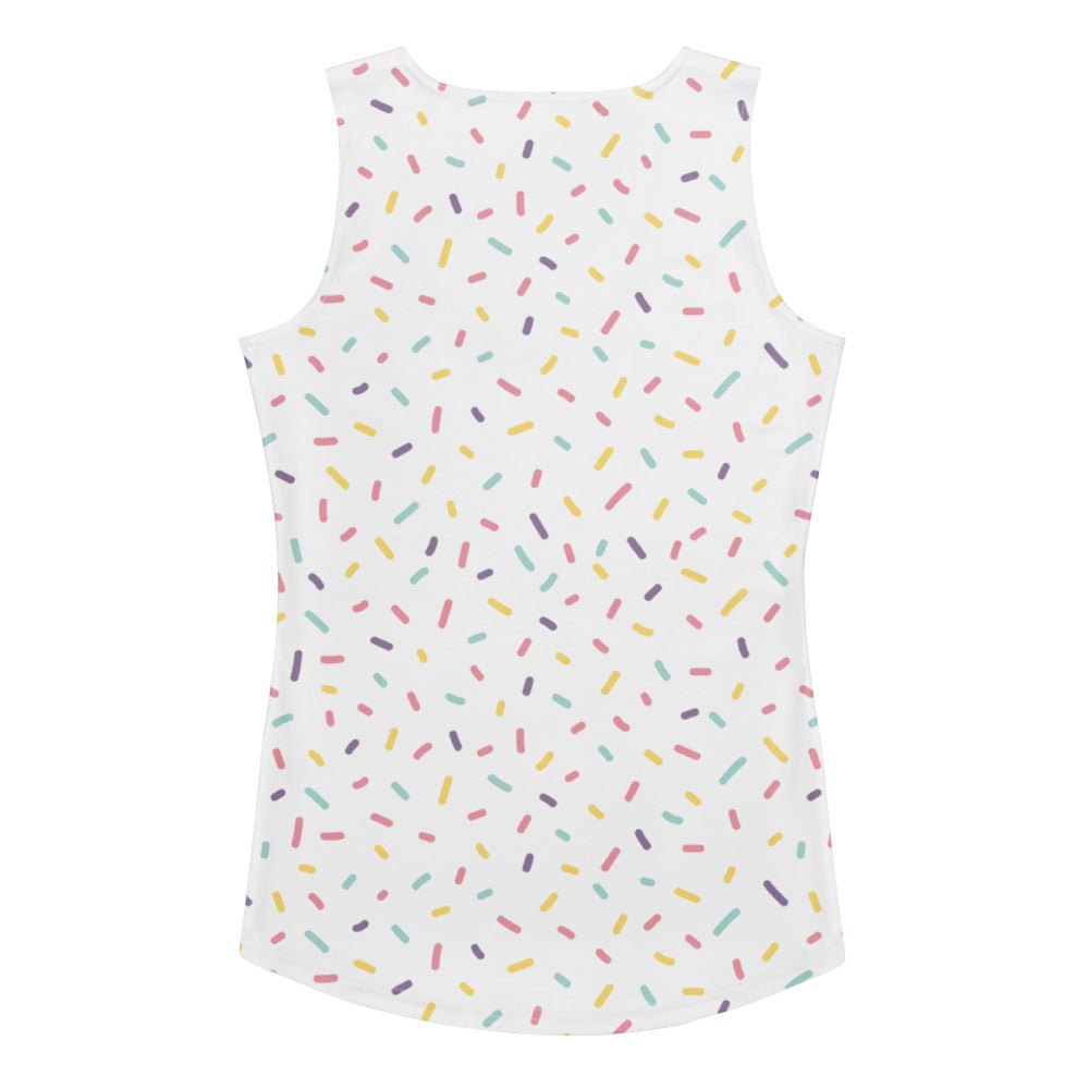 Women’s white sleeveless tank top with pastel sprinkle pattern quick drying buttery soft fabric upf 50+