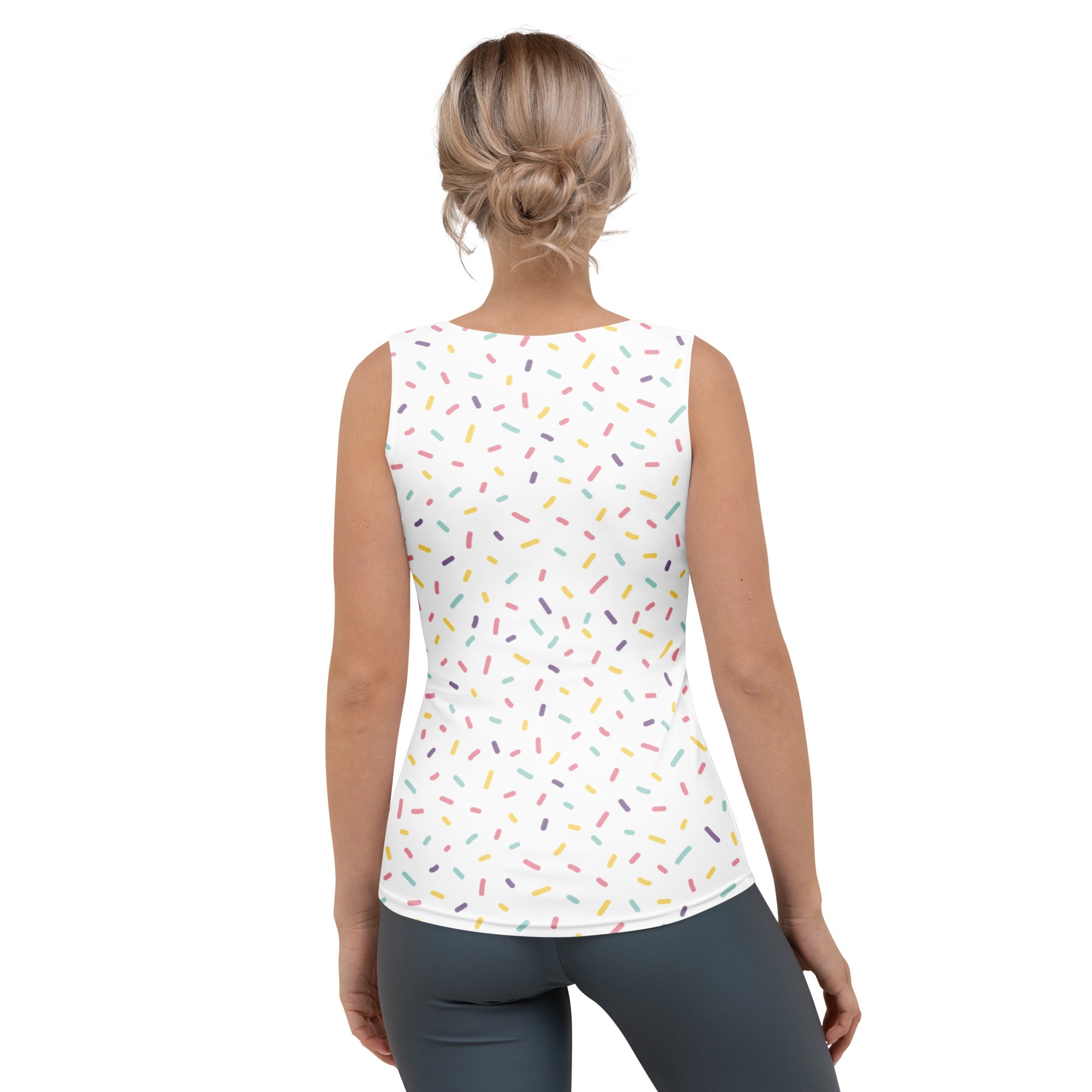 White sleeveless tank top with multicolored sprinkles quick drying buttery soft fabric upf 50+
