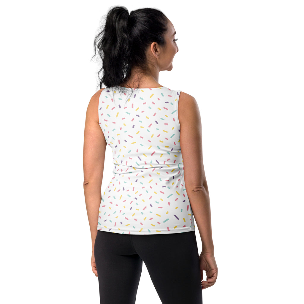 White sleeveless tank top with playful pastel sprinkle pattern made of quick drying buttery soft fabric with upf 50+