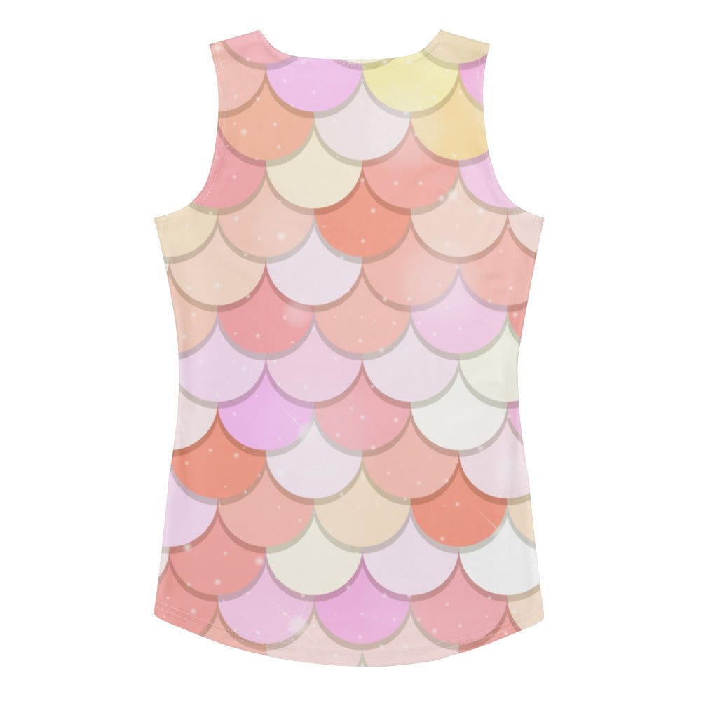 Women’s pink mermaid scale tank top with pastel pattern in soft pink peach and cream quick drying buttery fabric