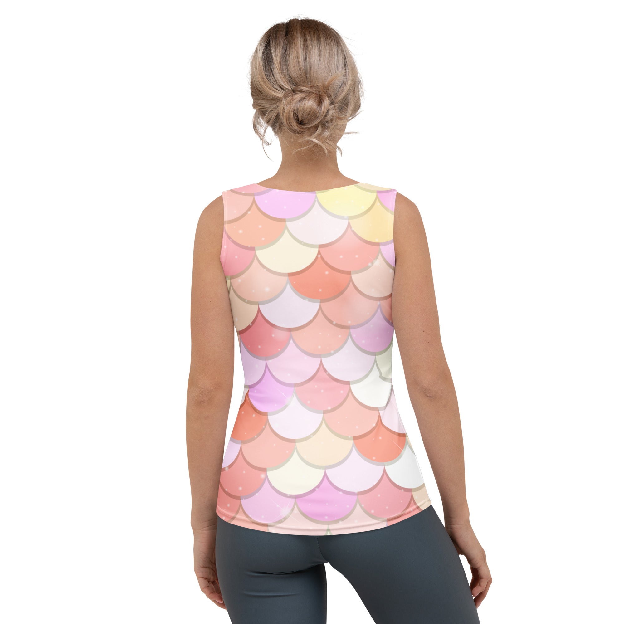 Women’s pink mermaid scale sleeveless top with quick drying buttery soft fabric and upf 50 plus protection in pastel shades