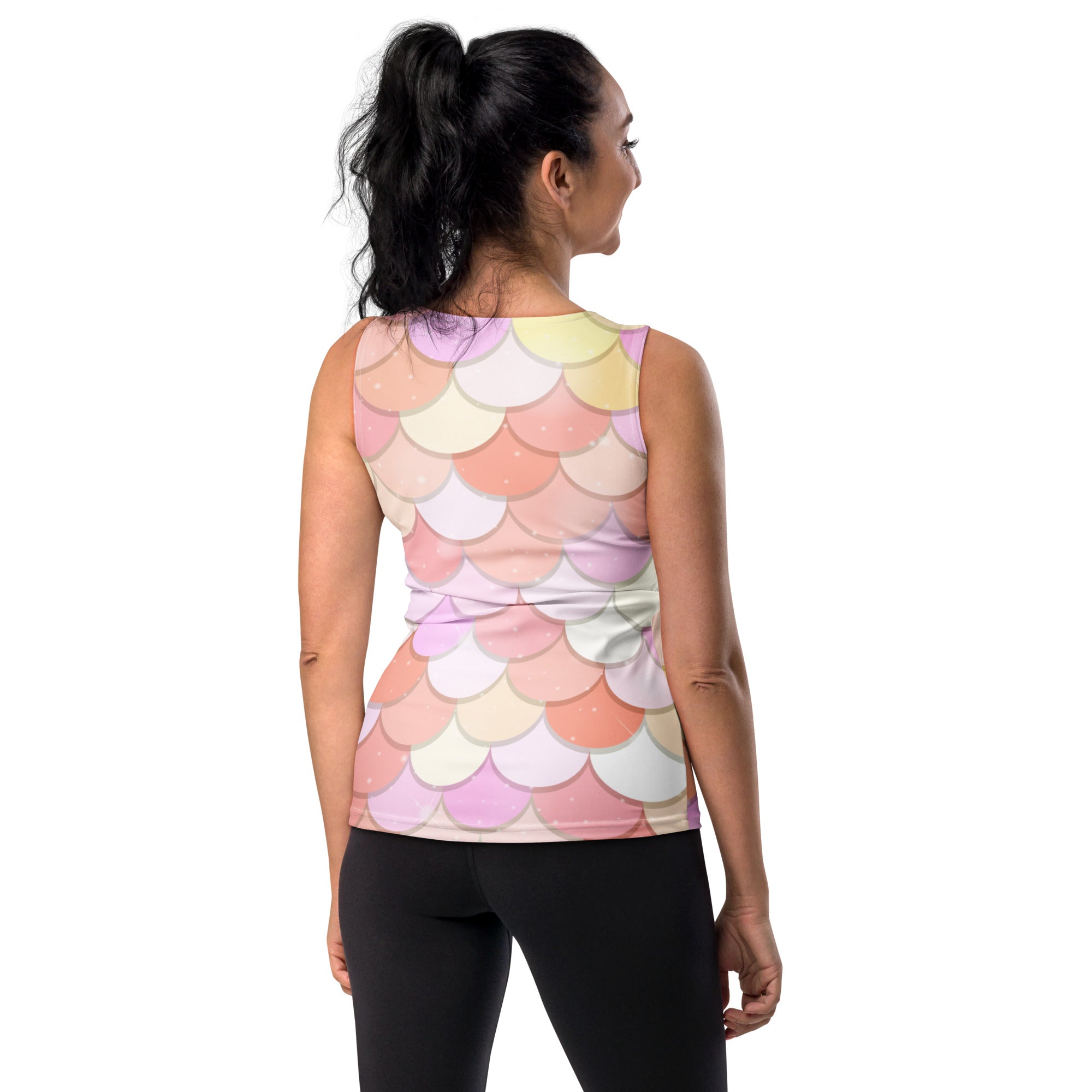 Women’s pink mermaid scale tank top with pastel print quick drying buttery soft fabric and upf 50 plus protection