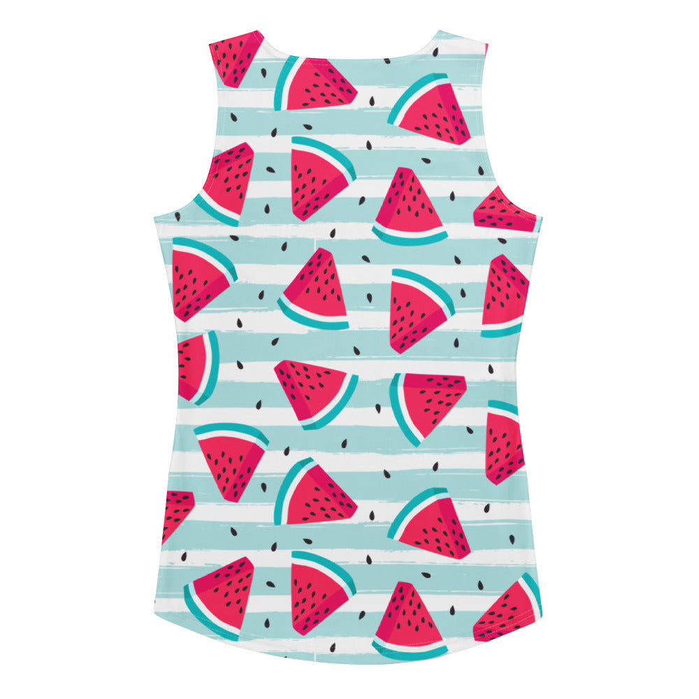 Women’s striped watermelon tank top with playful fruit pattern on light blue and white quick drying fabric with upf 50+