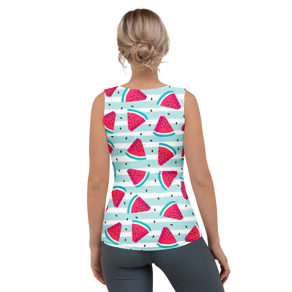 Women’s sleeveless tank top with pink watermelon pattern on light blue and white stripes made of quick drying fabric with upf 50+