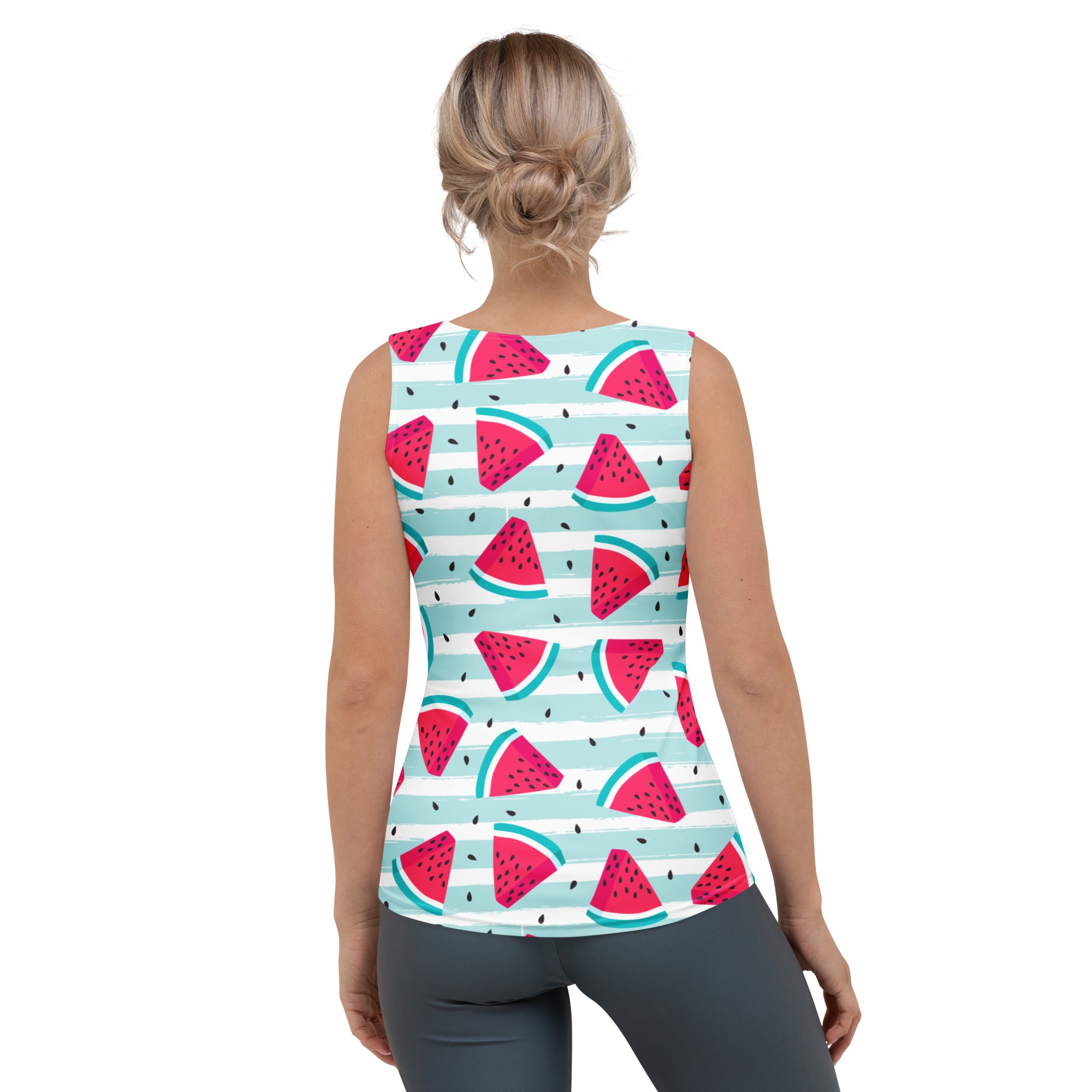 Women’s sleeveless tank top with pink watermelon pattern on light blue and white stripes made of quick drying fabric with upf 50+