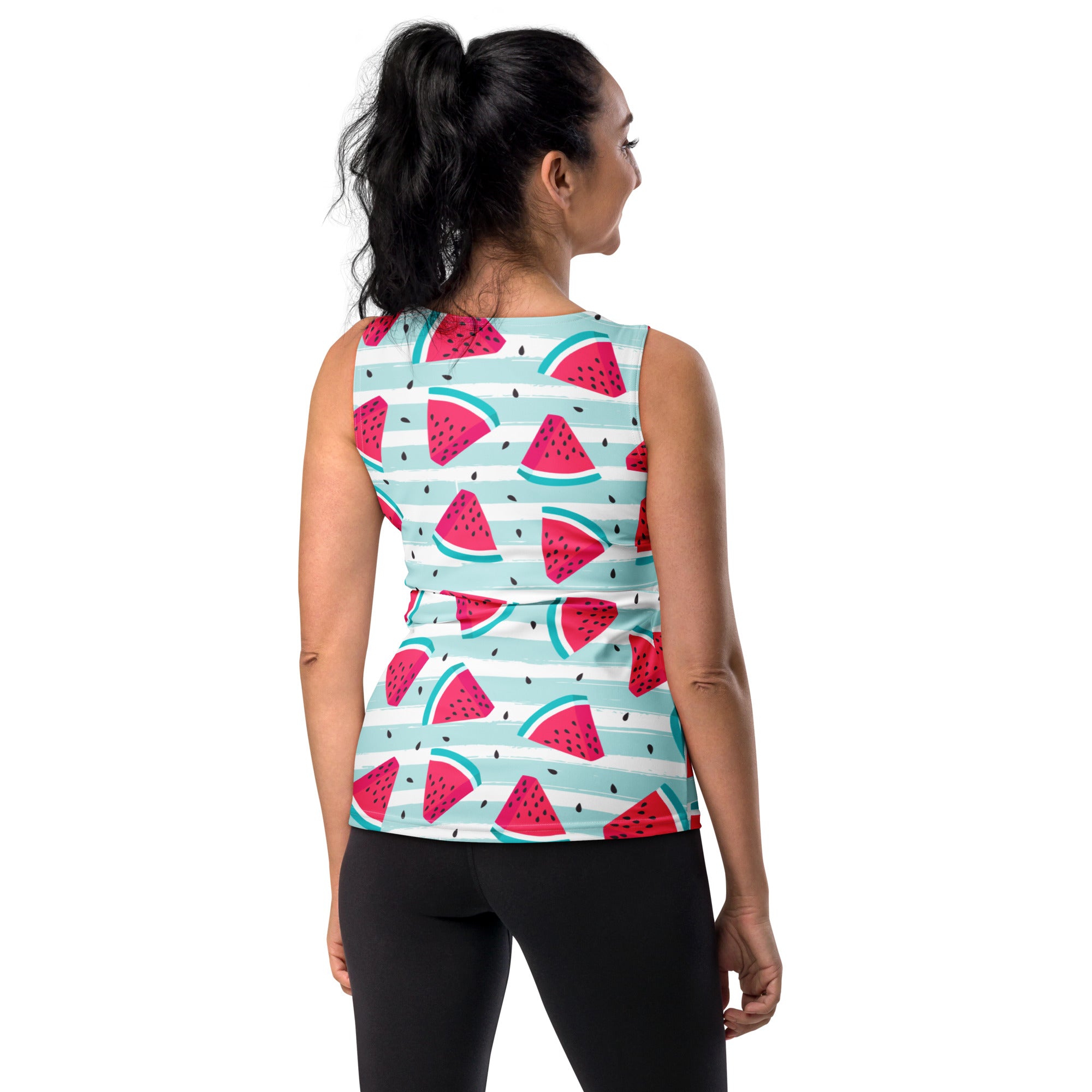 Women’s sleeveless tank top with pink watermelon pattern on light blue striped quick-drying buttery soft fabric