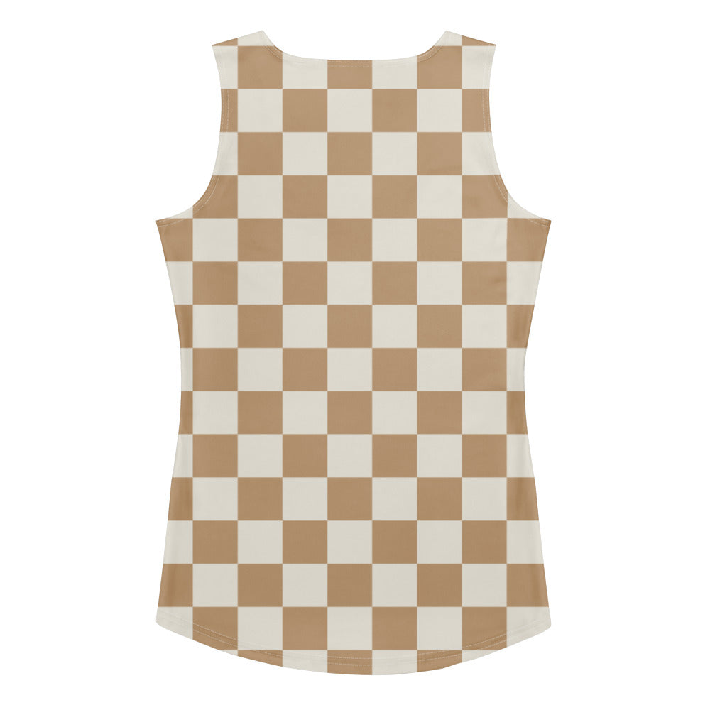 Women’s beige checkerboard tank top with quick drying buttery soft fabric and upf 50 plus protection
