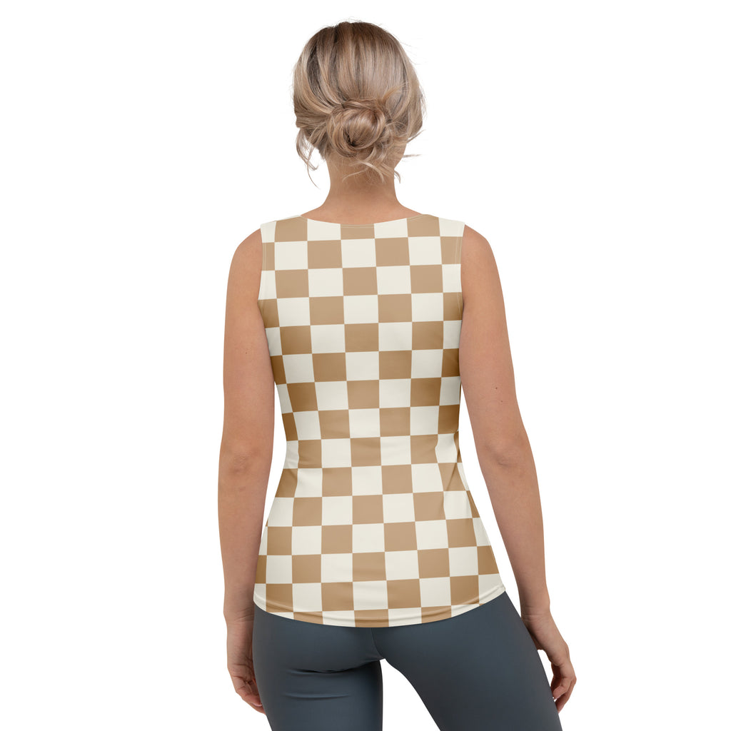 Women’s beige checkerboard tank top with quick drying buttery soft fabric and UPF 50 plus protection