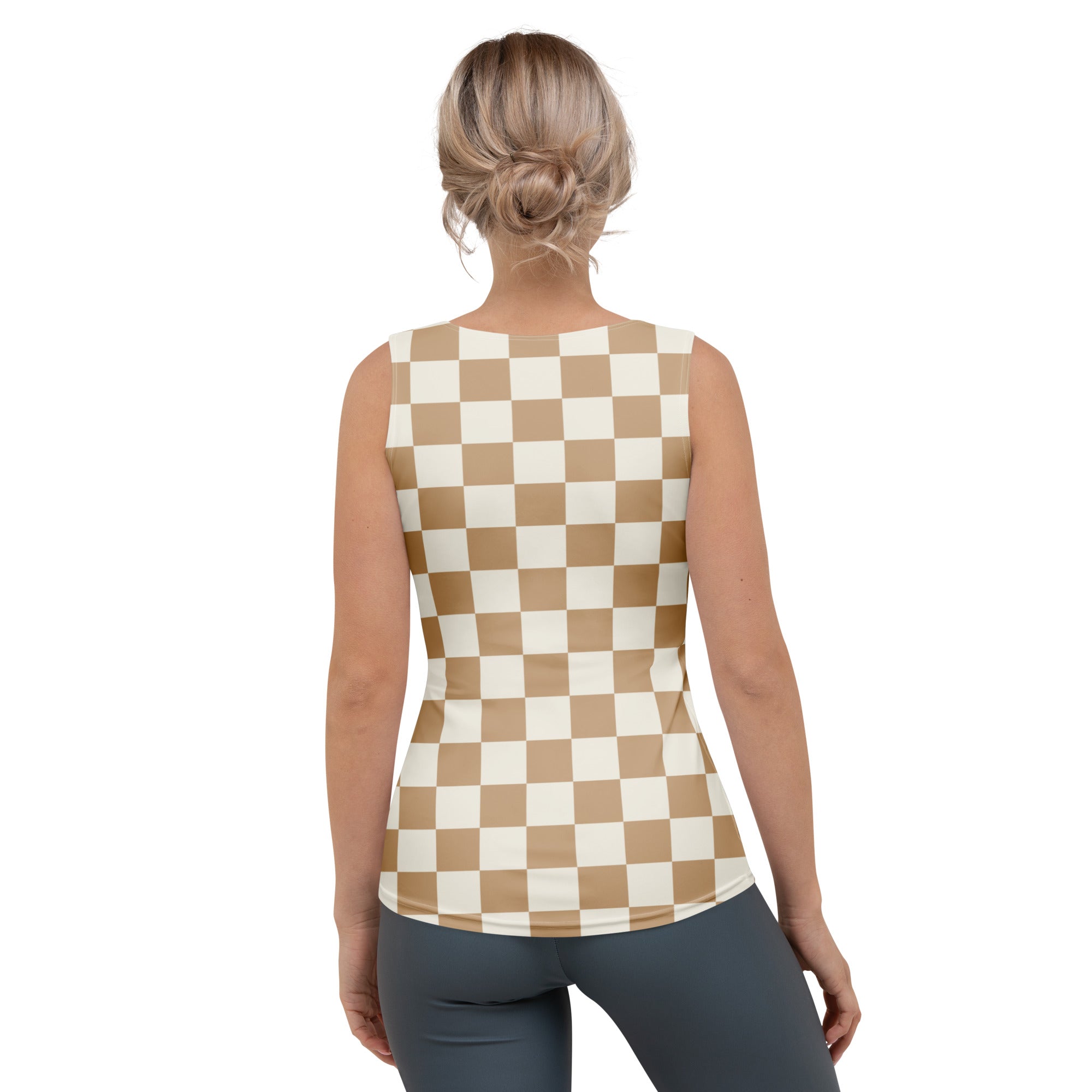 Women’s beige checkerboard tank top with quick drying buttery soft fabric and UPF 50 plus protection
